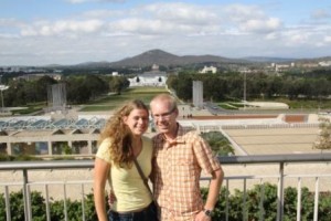Us at the top of Parliament house (in the back is the old parliament house, the war memorial and Ainslie Hill)